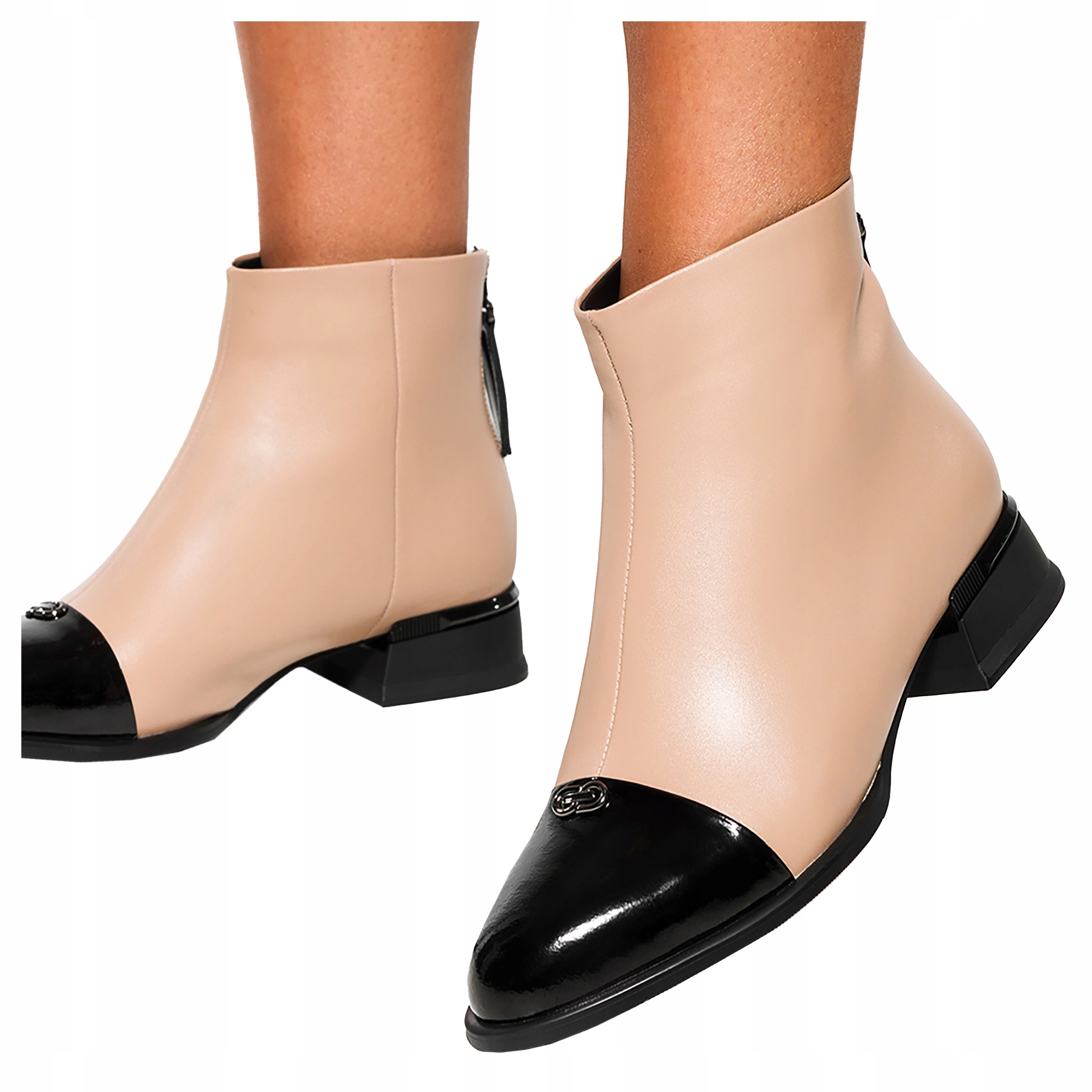 Kotníkové Boty Béžové Kožené Dámské Černé Nosek Nízký Podpatek Klocek Ozdoba r 41