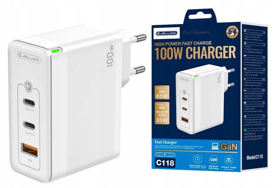 Szybka Ładowarka Usb C 2 x Usb-c 1 x Usb-a Pd 100W Quick Qc 3 Gniazda GaN