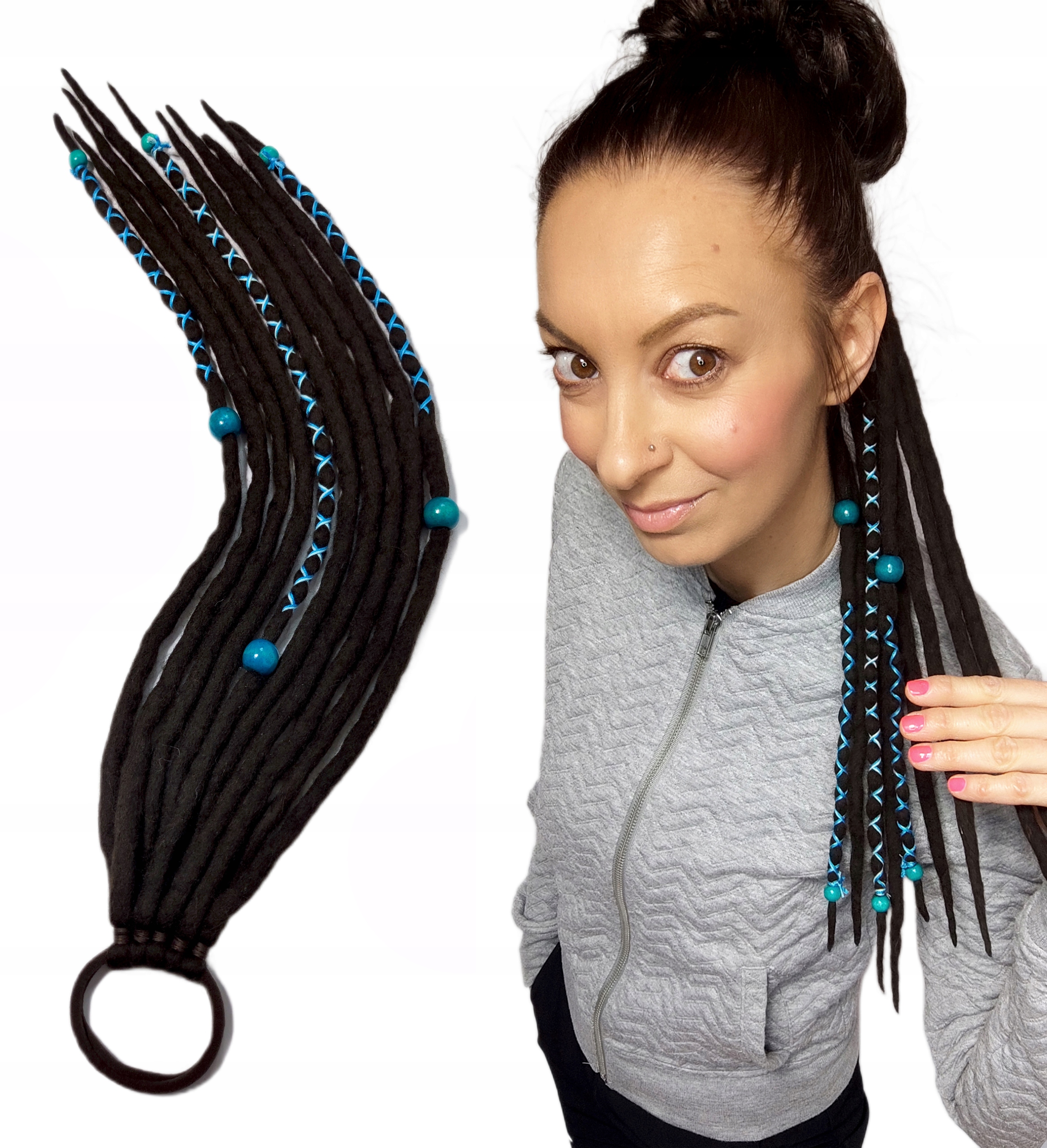 Vlněné pastelky na gumičce, Poník na gumičce, hnědá tyrkysová barva, Tyrkysové Dřevo