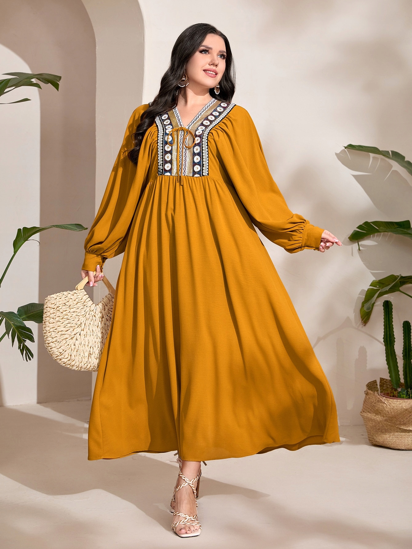 Šaty V Arabském Stylu S Bufetovými Rukávy, Hořčicová Maxi Shein, 3XL