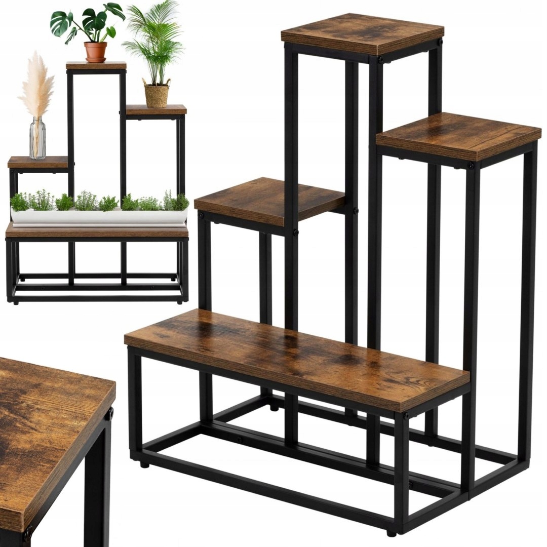 Držák Na Květináč stojící kovový patrový stojan na 6 květin, regál, dub rustikální