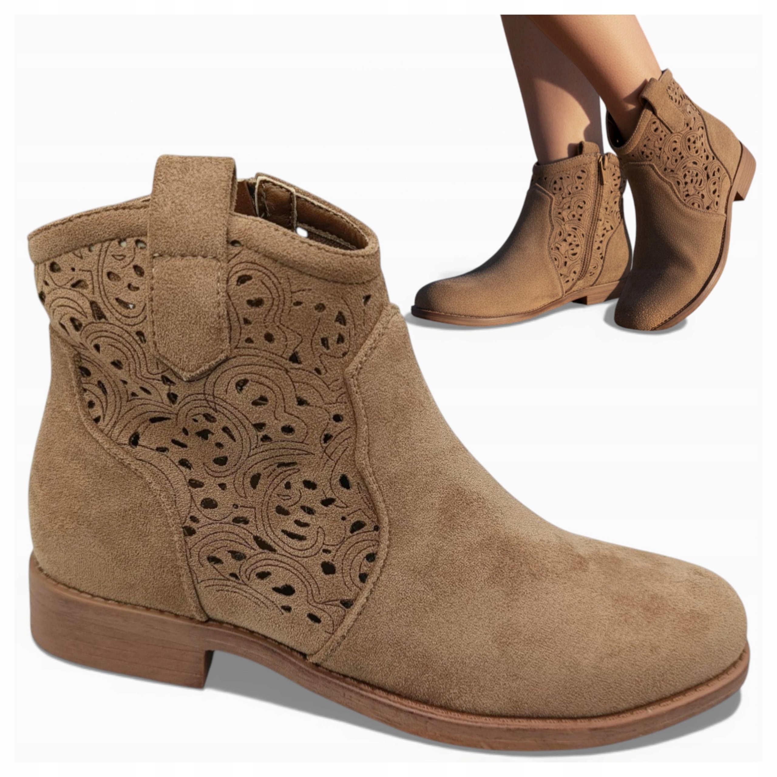 Dámské Kovbojské Boty na podpatku Kotníkové Boty Ažurové Módní Semišové Jarní Barski 40