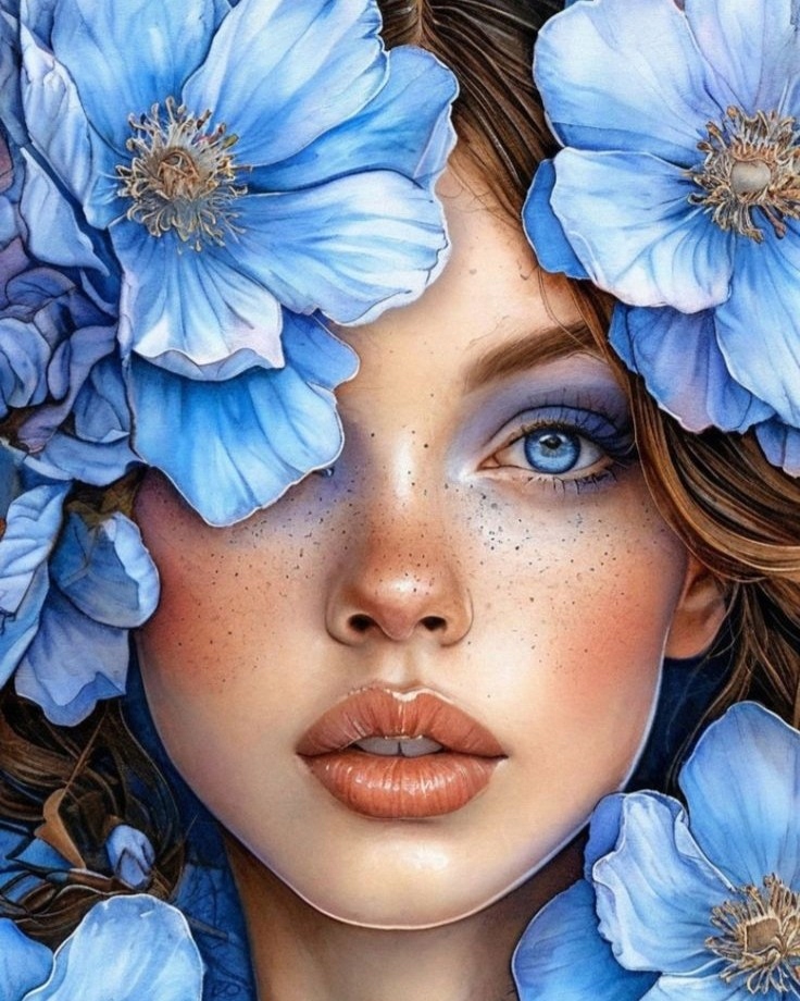 Diamantová výšivka Portrét ženy Modré Květiny Tvář Barevná 60x80 cm