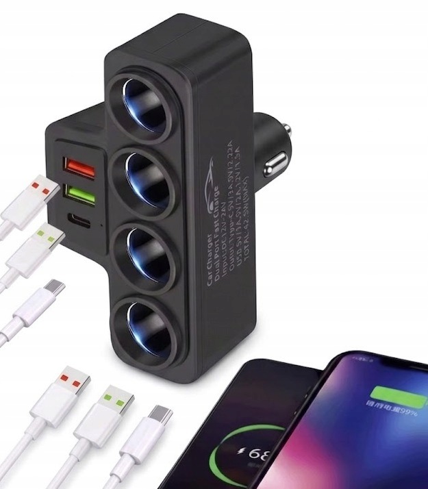 Rozgałęźnik szybka ładowarka samoch 4 gniazda DC 12-24V, 2 Usb, Usb C, 120W