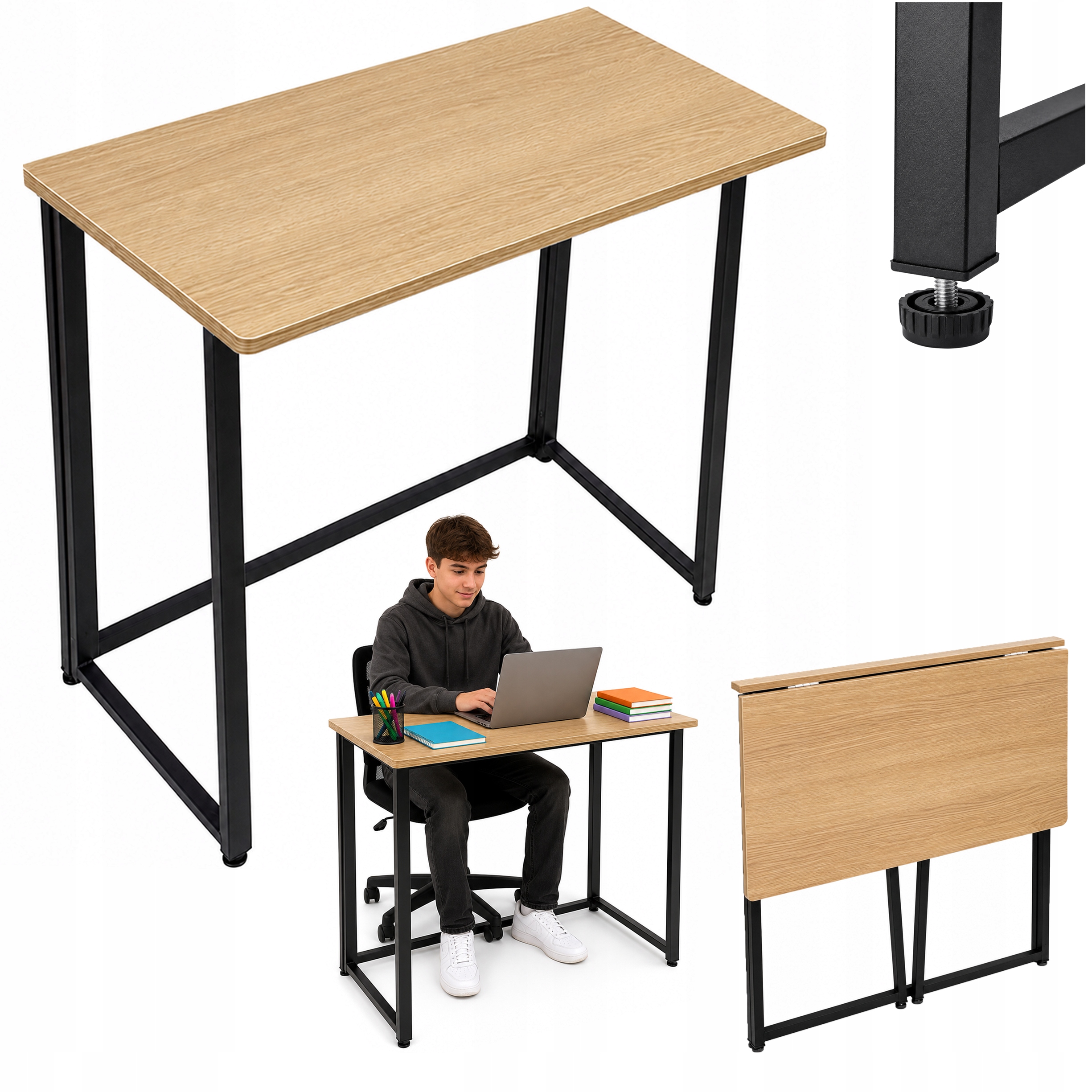 Skládací Počítačový Stůl Pokojový Stolek 45 cm Černý Rám Dub Světlý