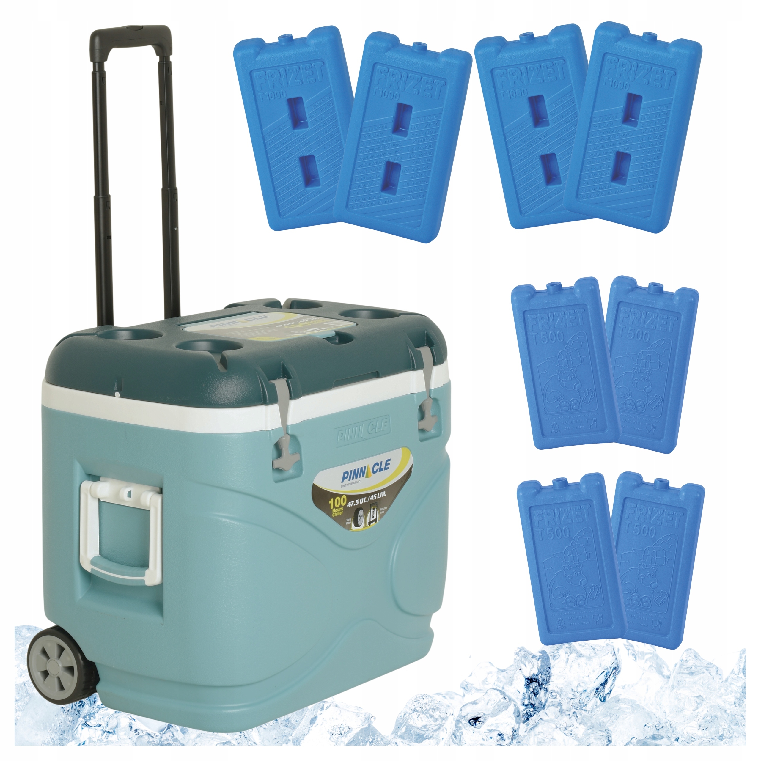 Pinnacle Turistická lednička 45L s kolečky světle modrá 8 náplní 4x 1L 4x 0,5L