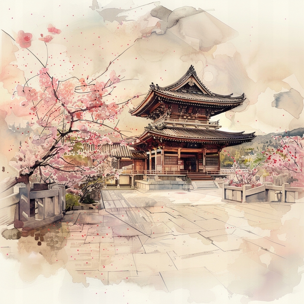 Obraz Na Plátně Canvas Japonský Kvetoucí Chrám Višeň Akvarel 80x80