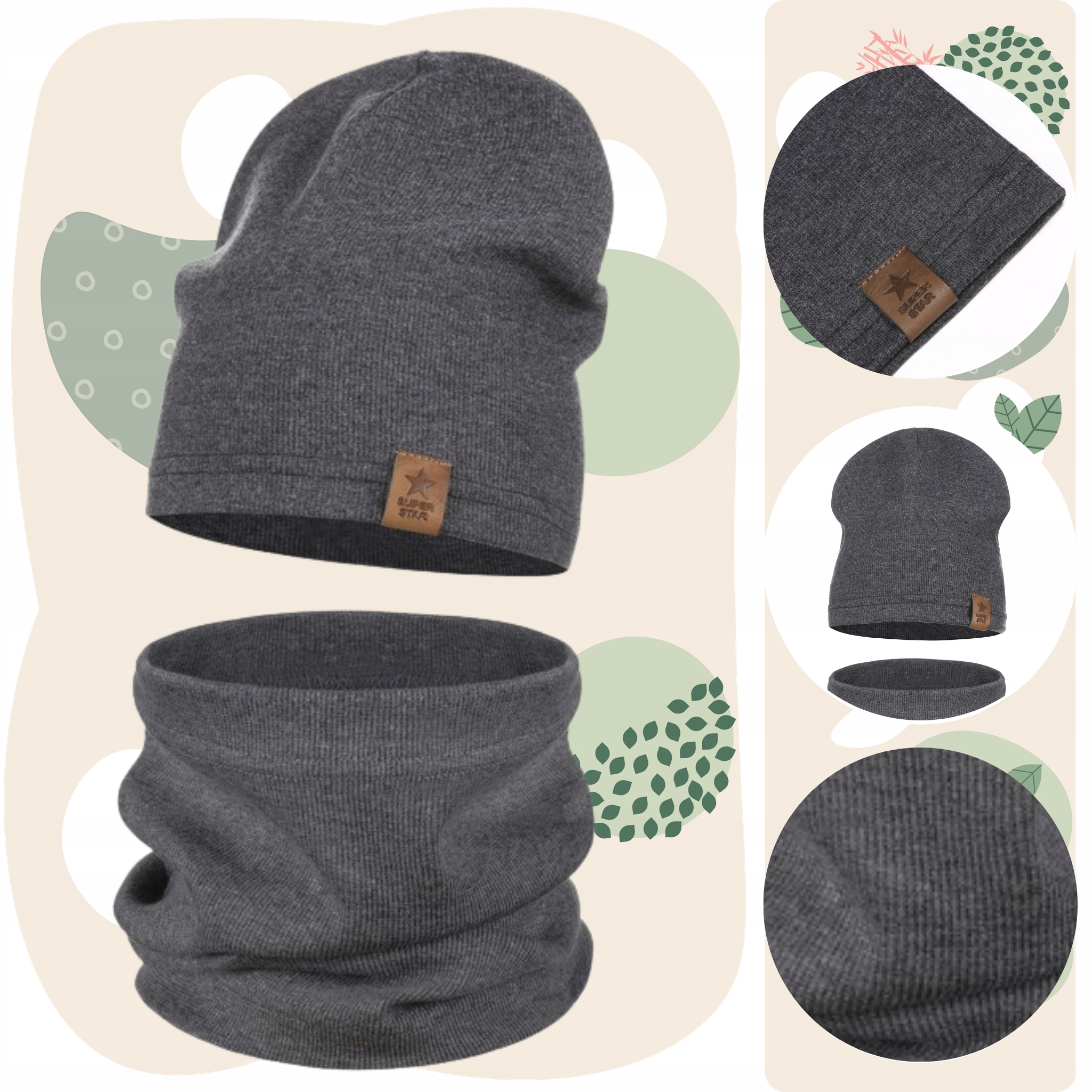 KOMPLET DZIECIĘCY BAWEŁNIANY CZAPKA KOMIN NA JESIEŃ ZIMĘ CIEMNY SZARY 40-46 Kolor szary