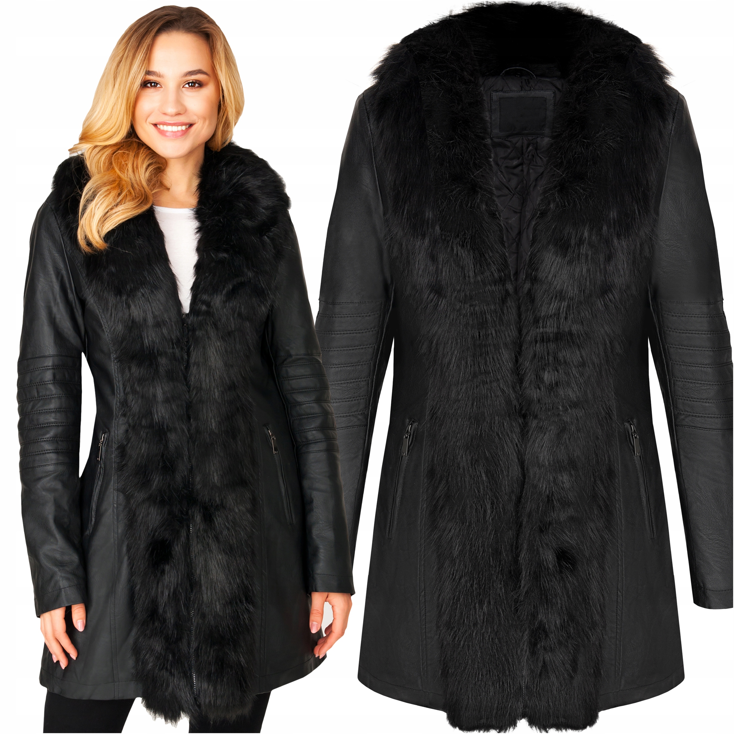 

Kurtka Zimowa Damska Długa Parka Czarna Skórzana