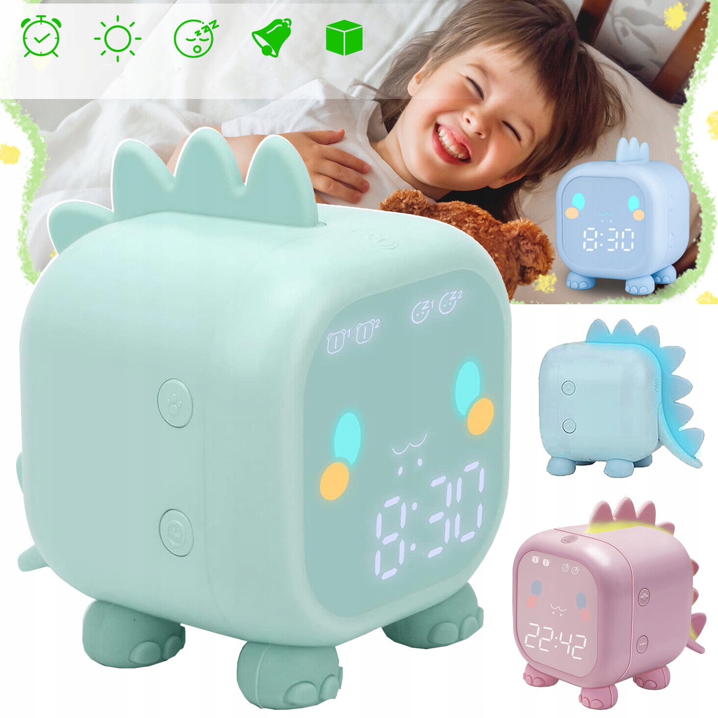 CYFROWY BUDZIK DLA DZIECI, DINOZAURY, ZEGAR Z LAMPKĄ NOCNĄ, FUNKCJĄ DRZEMKI