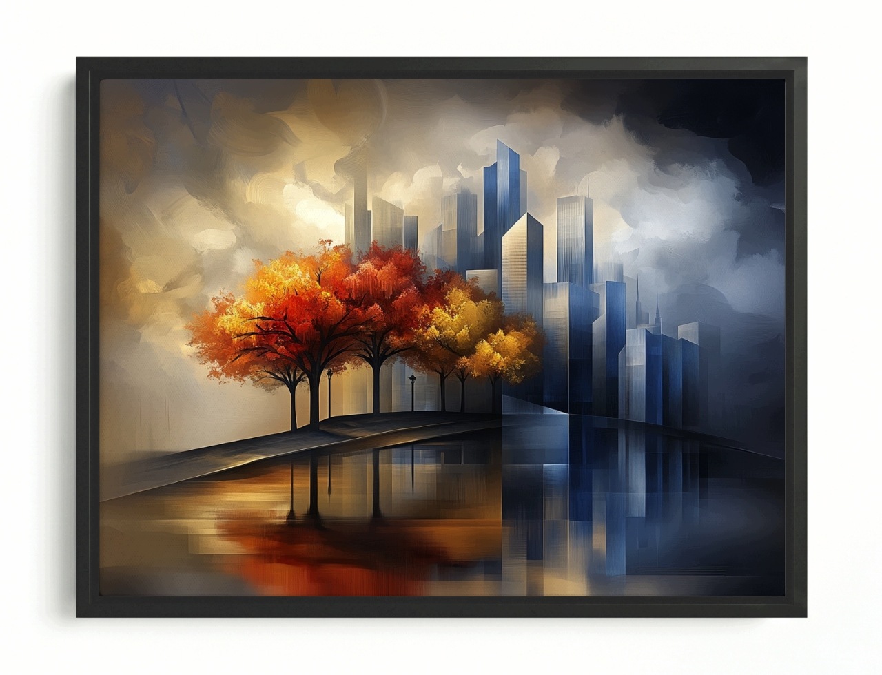 Obraz Rám American Box Mesto Škrabadlá Mraky Mrakodrapy Stromy Jeseň 80x60