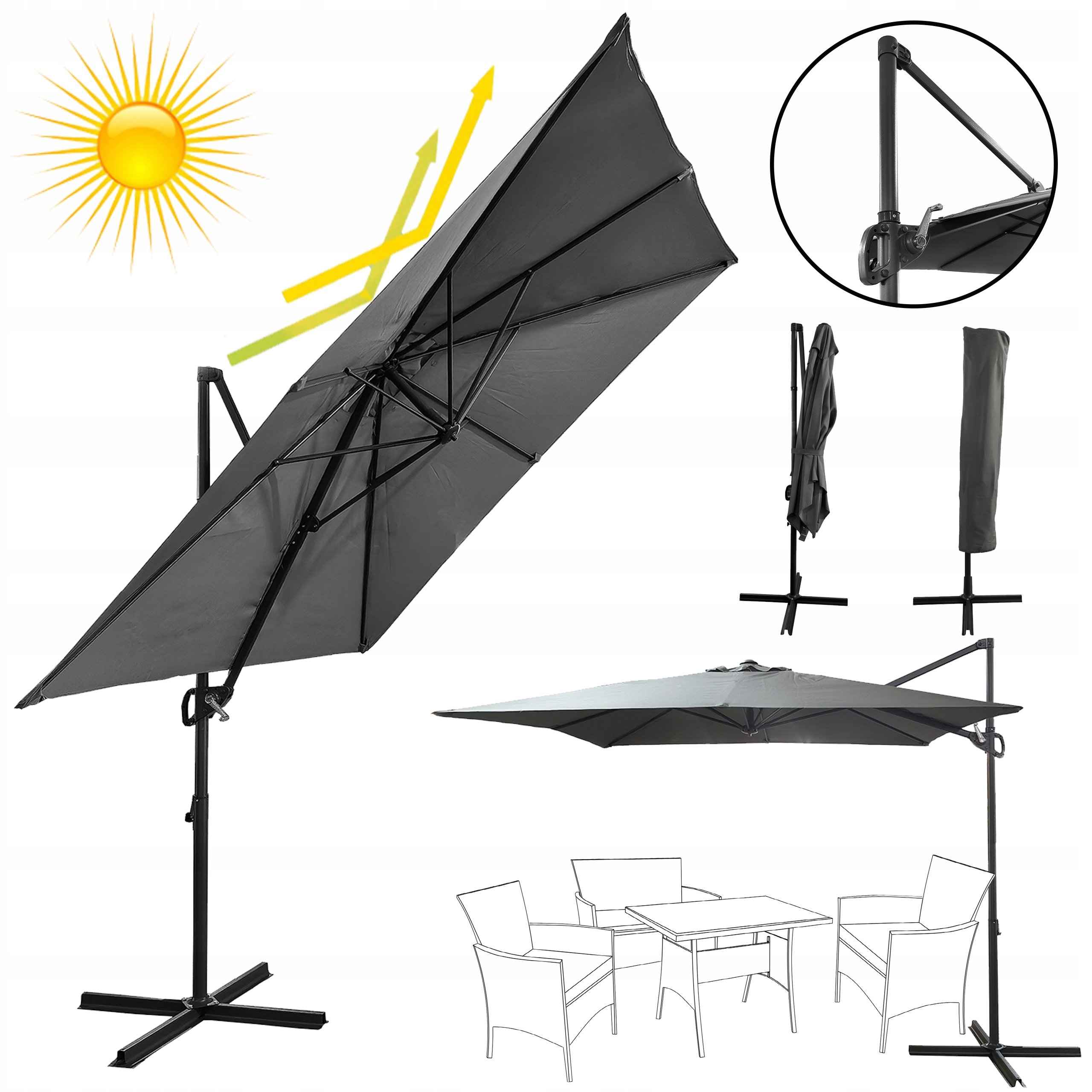 DUŻY ROZKŁADANY REGULOWANY PARASOL OGRODOWY 250x250cm SEATTLE CIEMNY SZARY