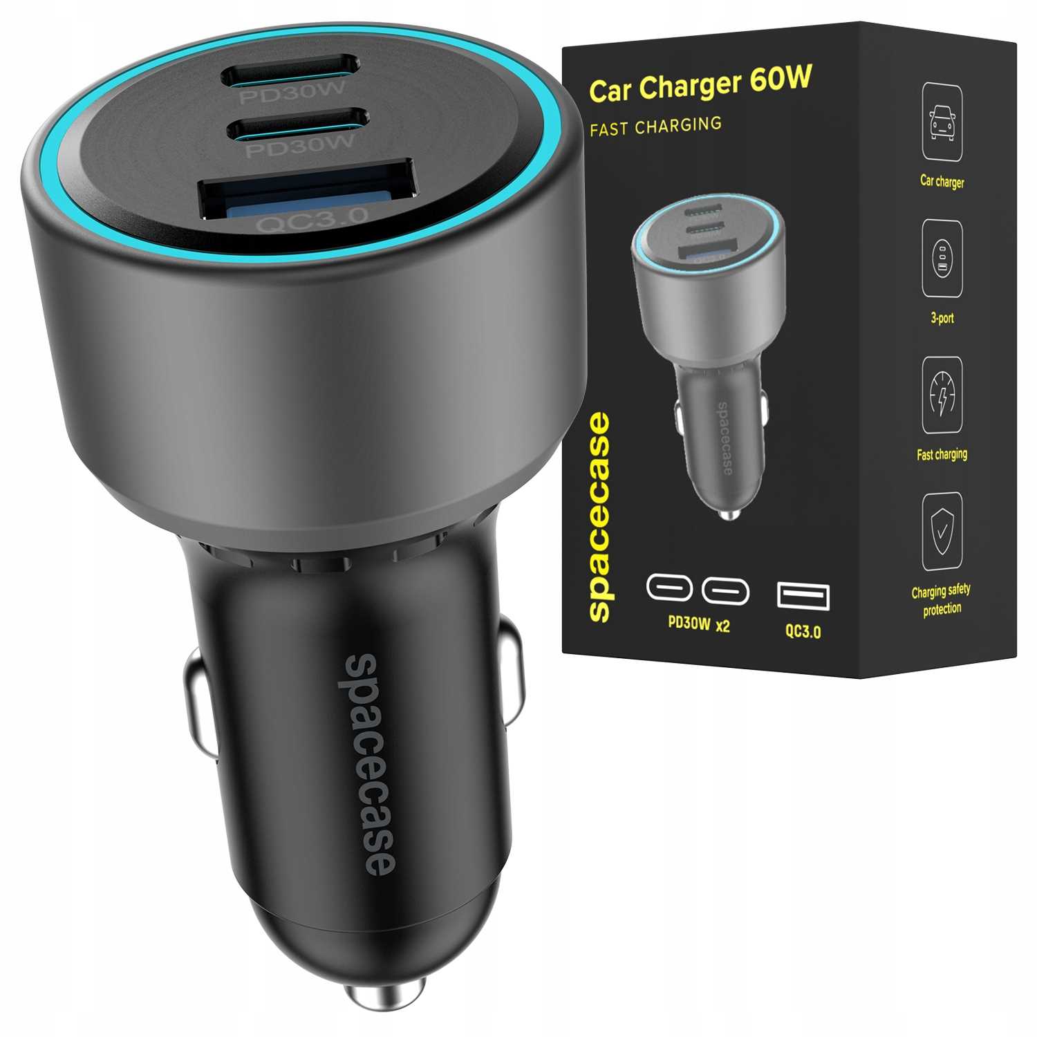 Spacecase Nabíječka do auta 60W s trojitým portem C60ACC-12 černá