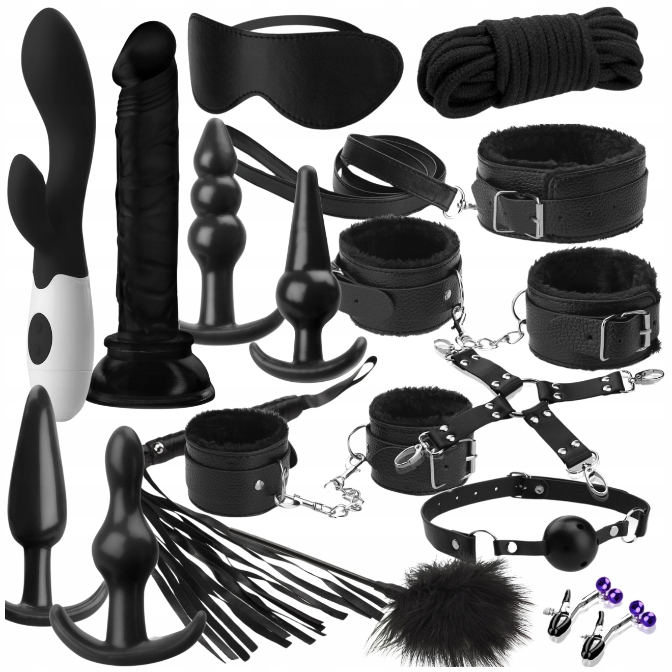 ZESTAW BDSM WIBRATOR DILDO KORKI KAJDANKI BAT OBROŻA KNEBEL OPASKA KLAMRY..