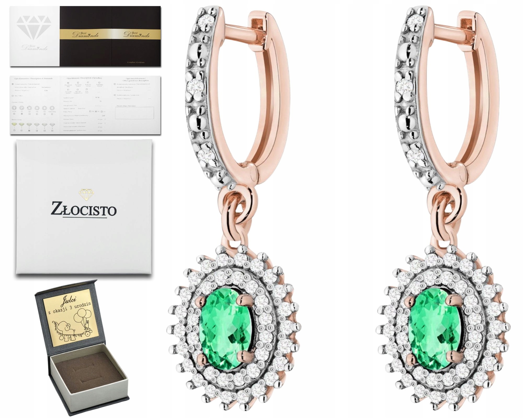 Růžové Zlato Náušnice Se Zelenými Smaragdy A Diamanty Zlato 585