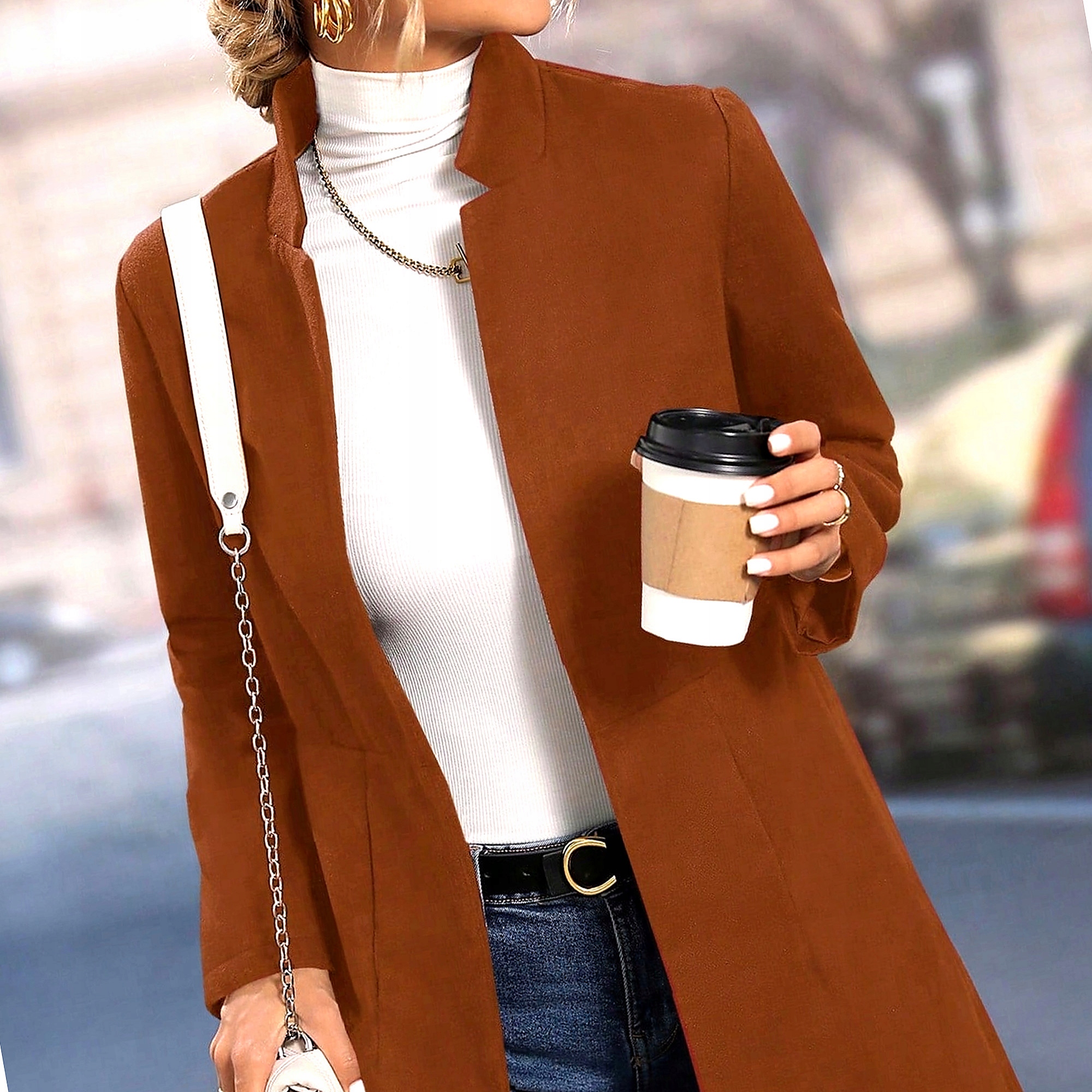 Dámský čokoládový kabát bez zapínání Basic Stylový Trendy Každodenní S