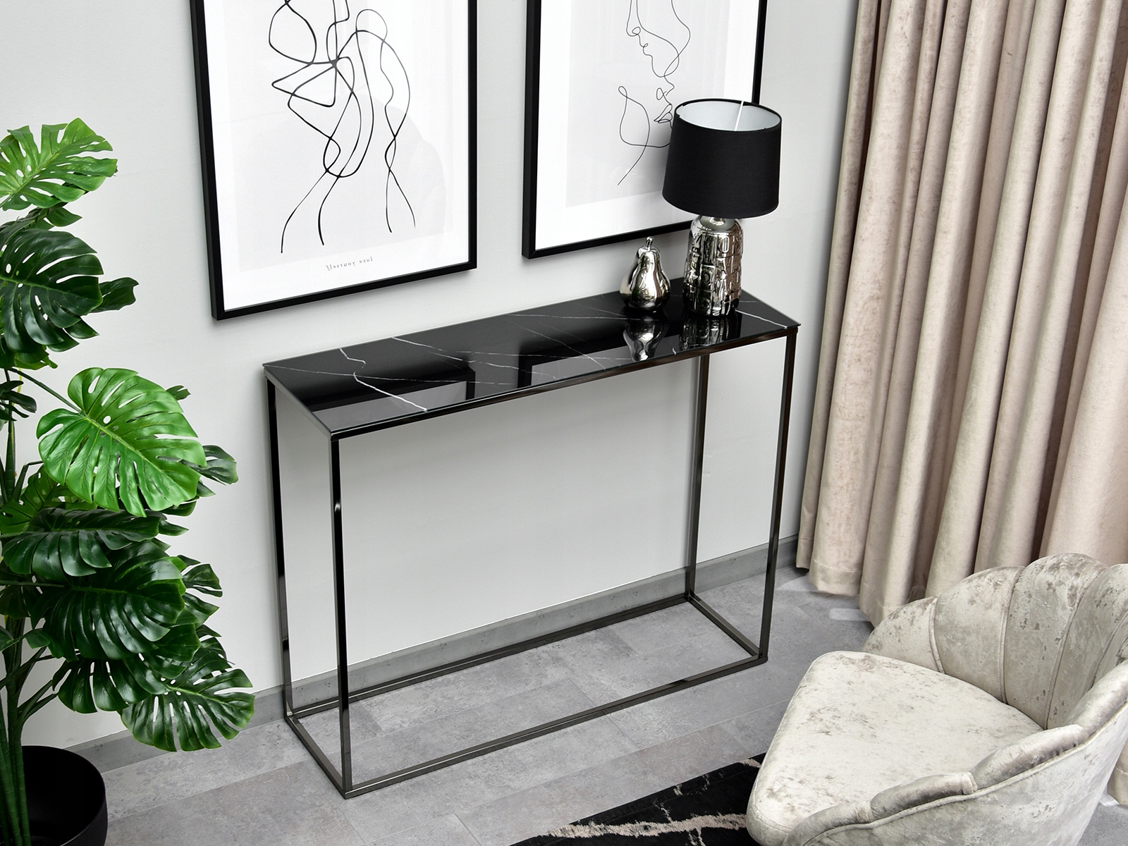 ELEGANCKA PROSTA KONSOLA 100CM BALI CZARNY POŁYSK BLAT SZKŁO MARMUR GLAMOUR Marka Mebel-Partner