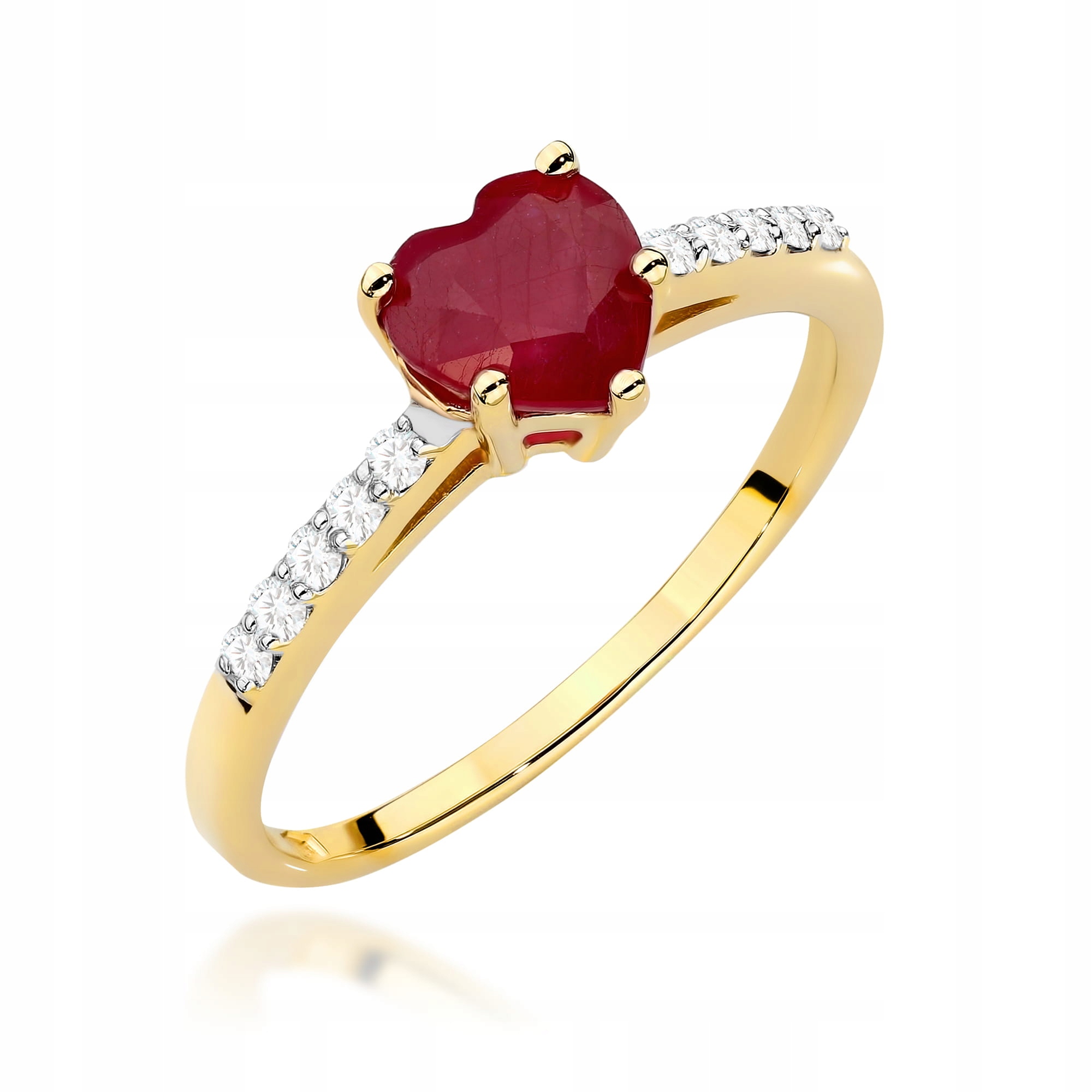 Zlatý prstýnek 585 s rubínem a diamanty 1.10 ct, zásnubní srdce, módní