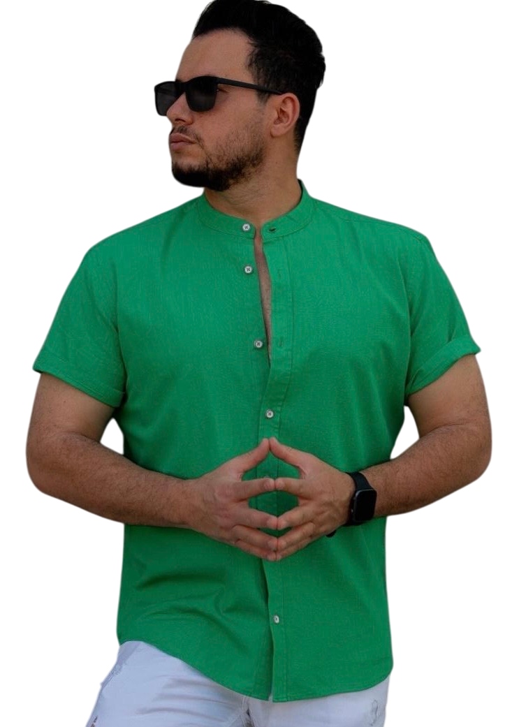 Pánská Lněná Košile Len Stojáček Casual Zelená M