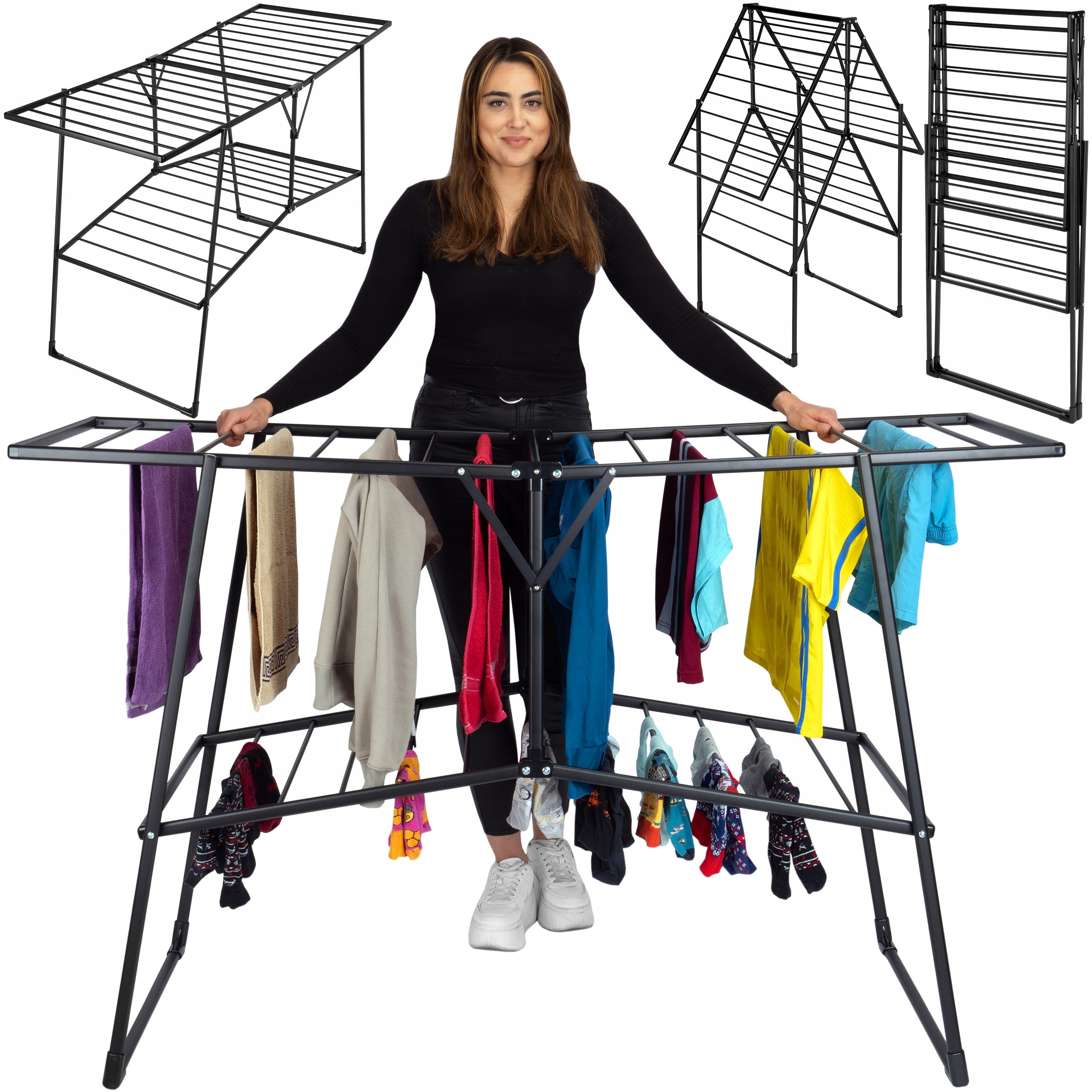 Suszarka Na Pranie Dwupoziomowa Do Ubrań Stojąca Piętrowa Składana Premium