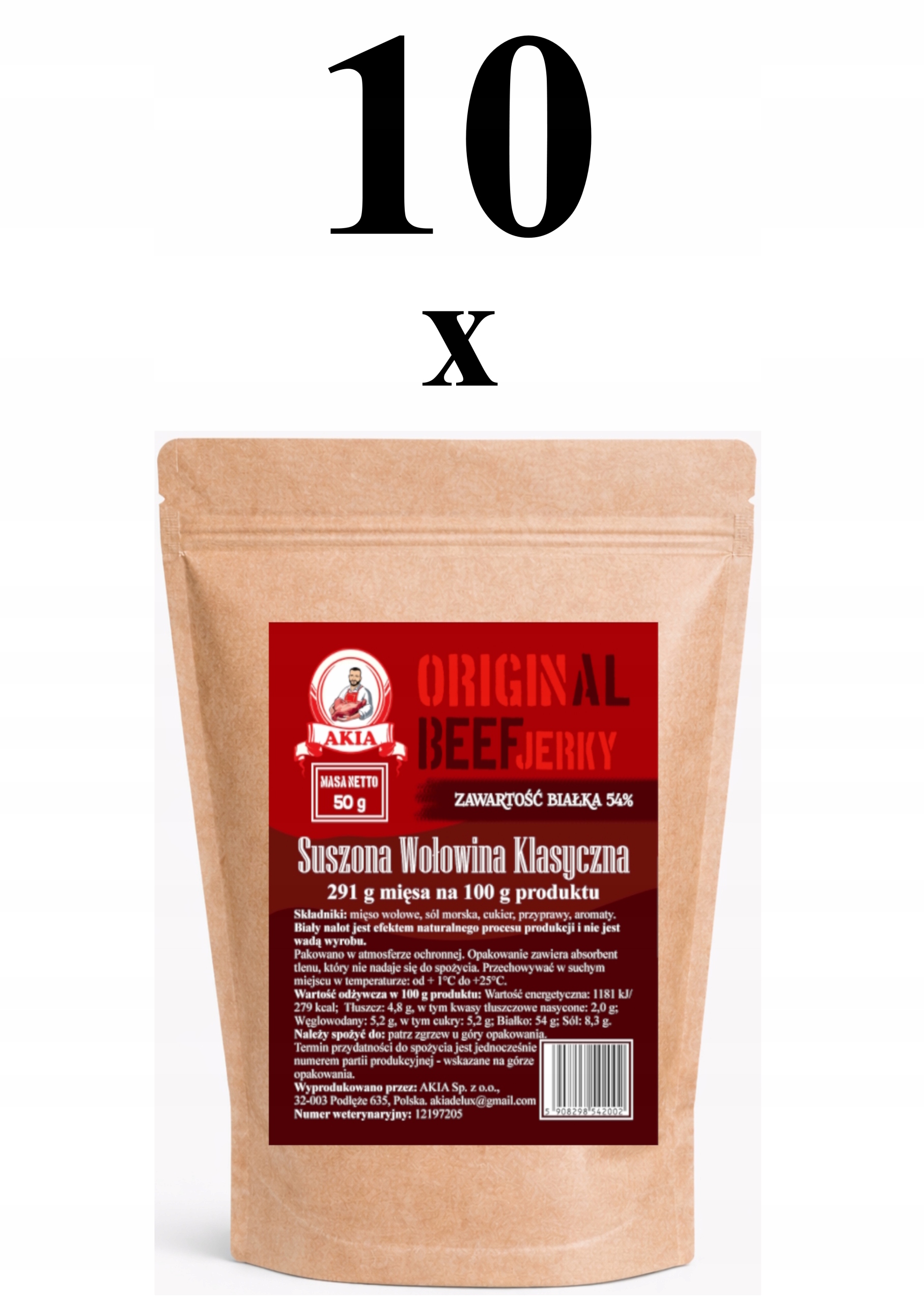 Akia Beef Jerky, sušené maso, sušené klasické hovězí maso, 10 kusů x 50 g