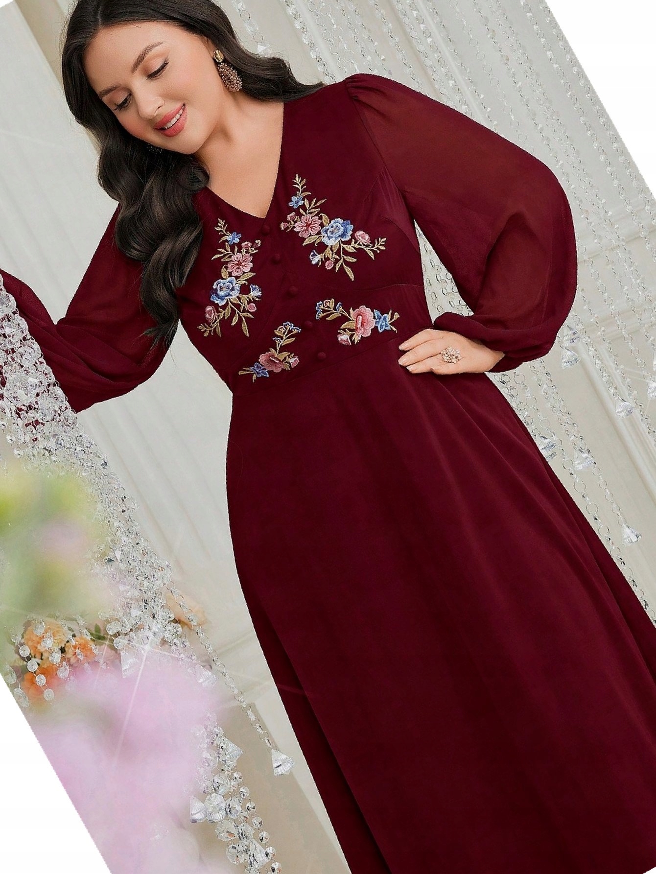 Šaty Balová Maxi s květy Burgundská vyšívaná 5XL 50