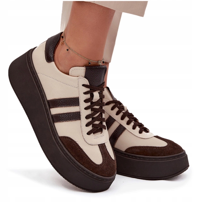 Tenisky Přírodní Kůže Platforma Zazoo 3775 Béžovo-čokoládové 41