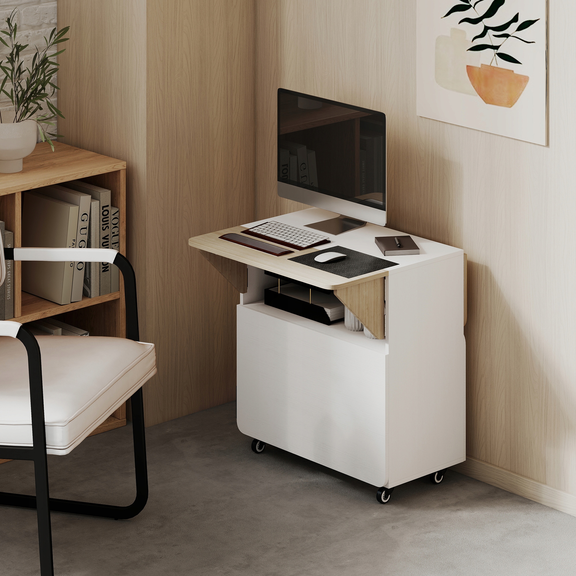 Stół Jadalniany 4 Osobowy Składany Mobilny Kredens do Jadalni Kuchni Biały Kolor blatu dąb naturalny