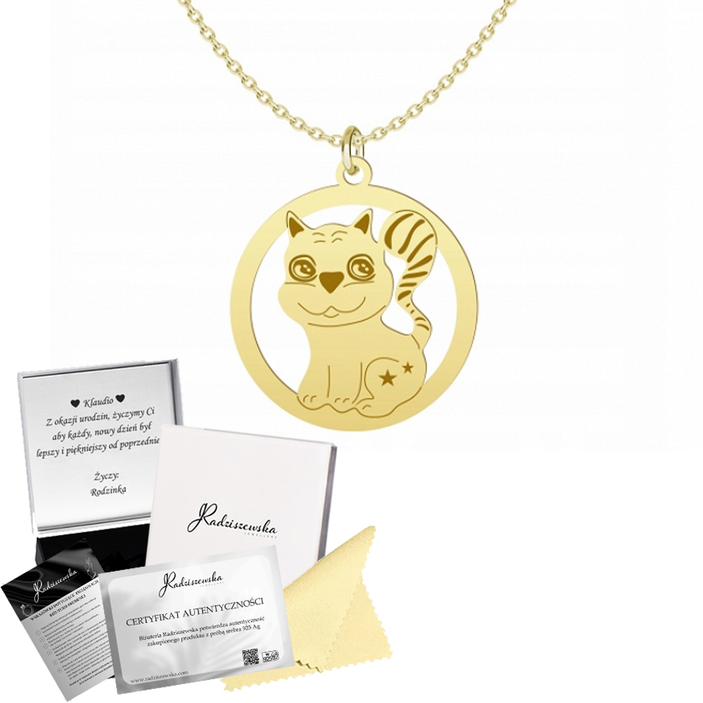 Náhrdelník Zlatý Kočička Řetízek Stříbro 925 Dárek Gravírování Bonus Dítě