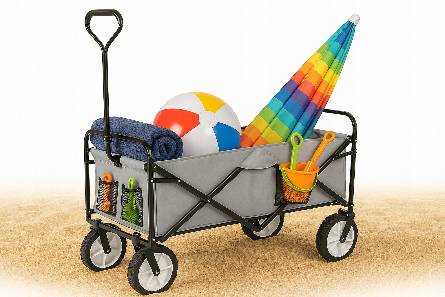 Duży Wózek Plażowy Turystyczny Transportowy Składany Ogrodowy Szary 145L