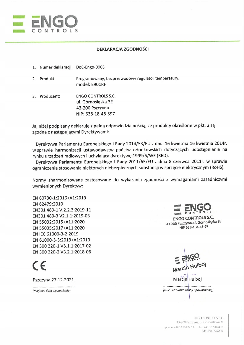 Regulator bezprzewodowy termostat Engo E901RF Moc 0 W/m²