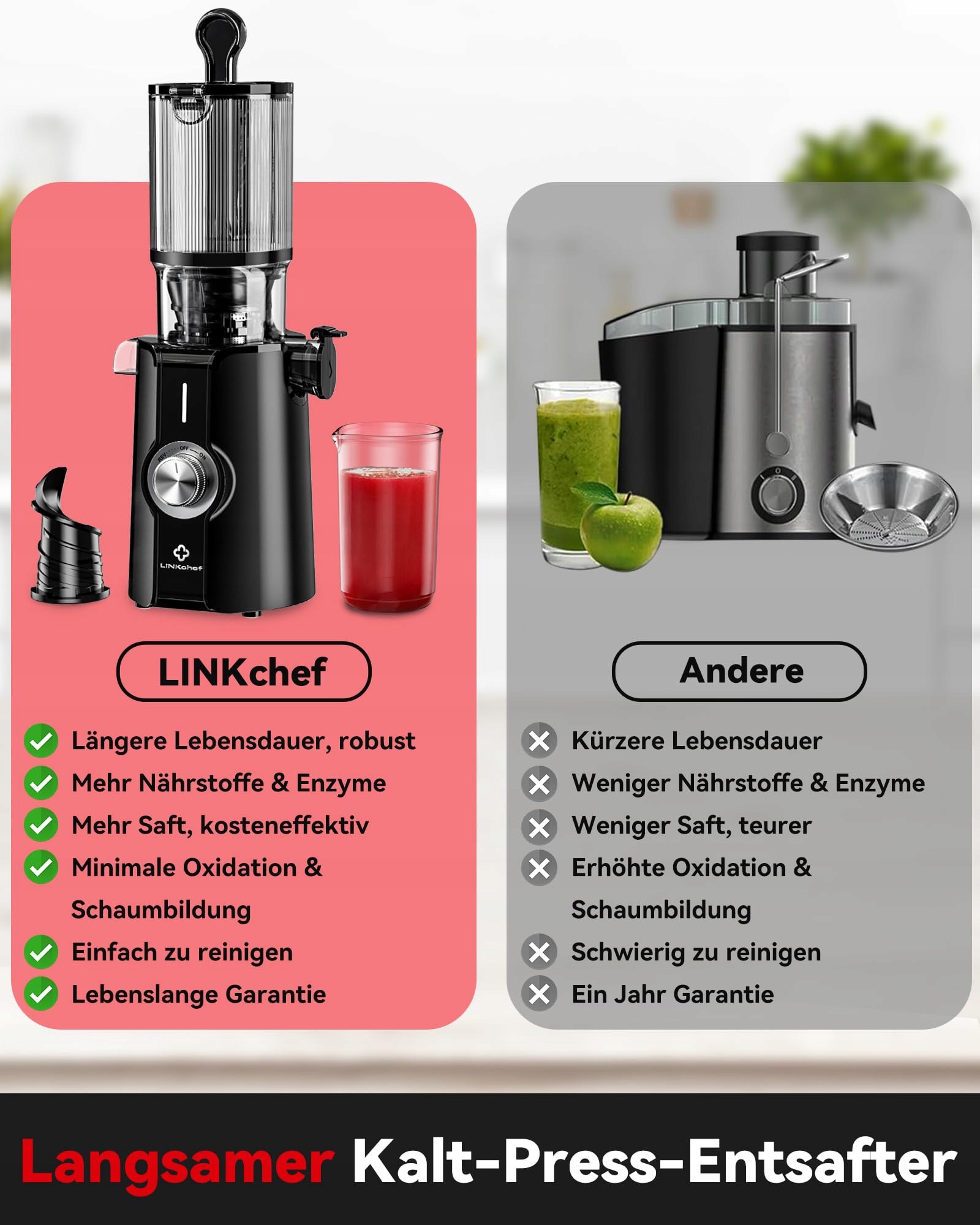 LINKCHEF Wolnoobrotowa Wyciskarka Do Soków Warzywa Owoce BPA Free 200W 1.2L — miniatura 2