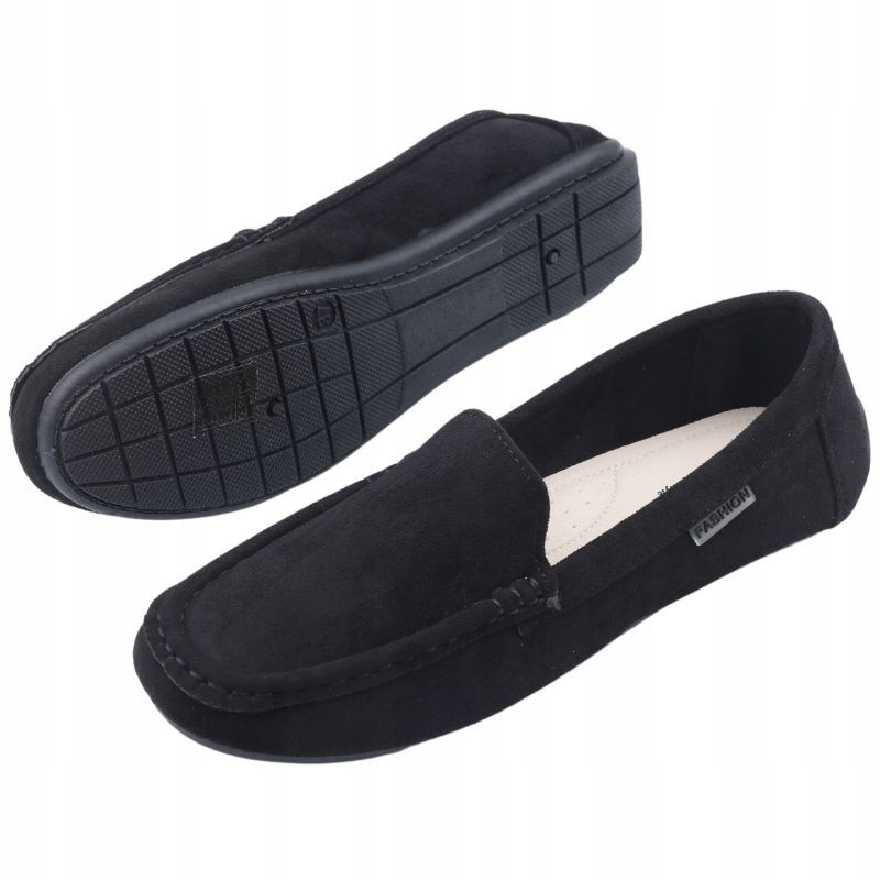Mokasyny Damskie Zamszowe Półbuty Czarne Płaskie Wkładka Ekoskóra