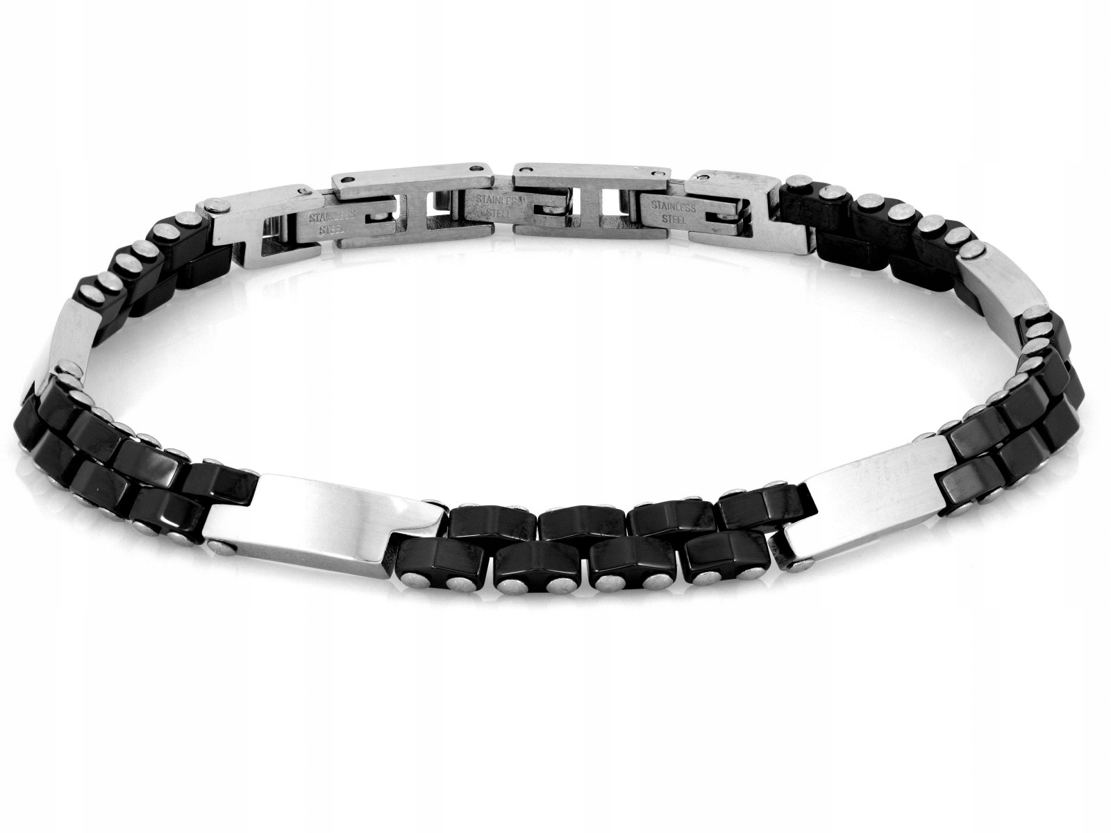 Dvoubarevný ocelový náramek s černými doplňky velikost 21 jako dárek