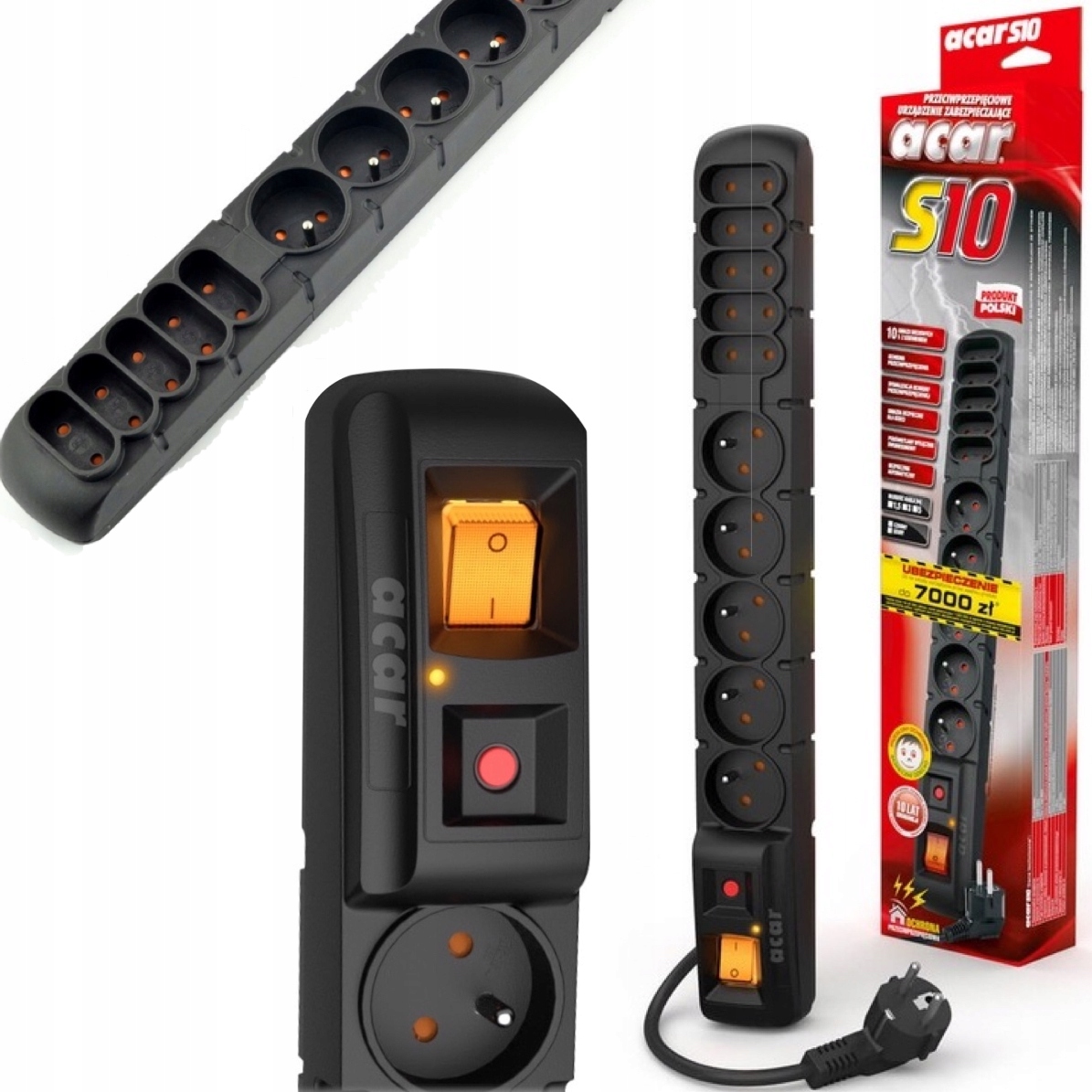 Acar S10 Prodlužovací Zásuvková Lišta Proti Přepětí 10 Zásuvek 5 m