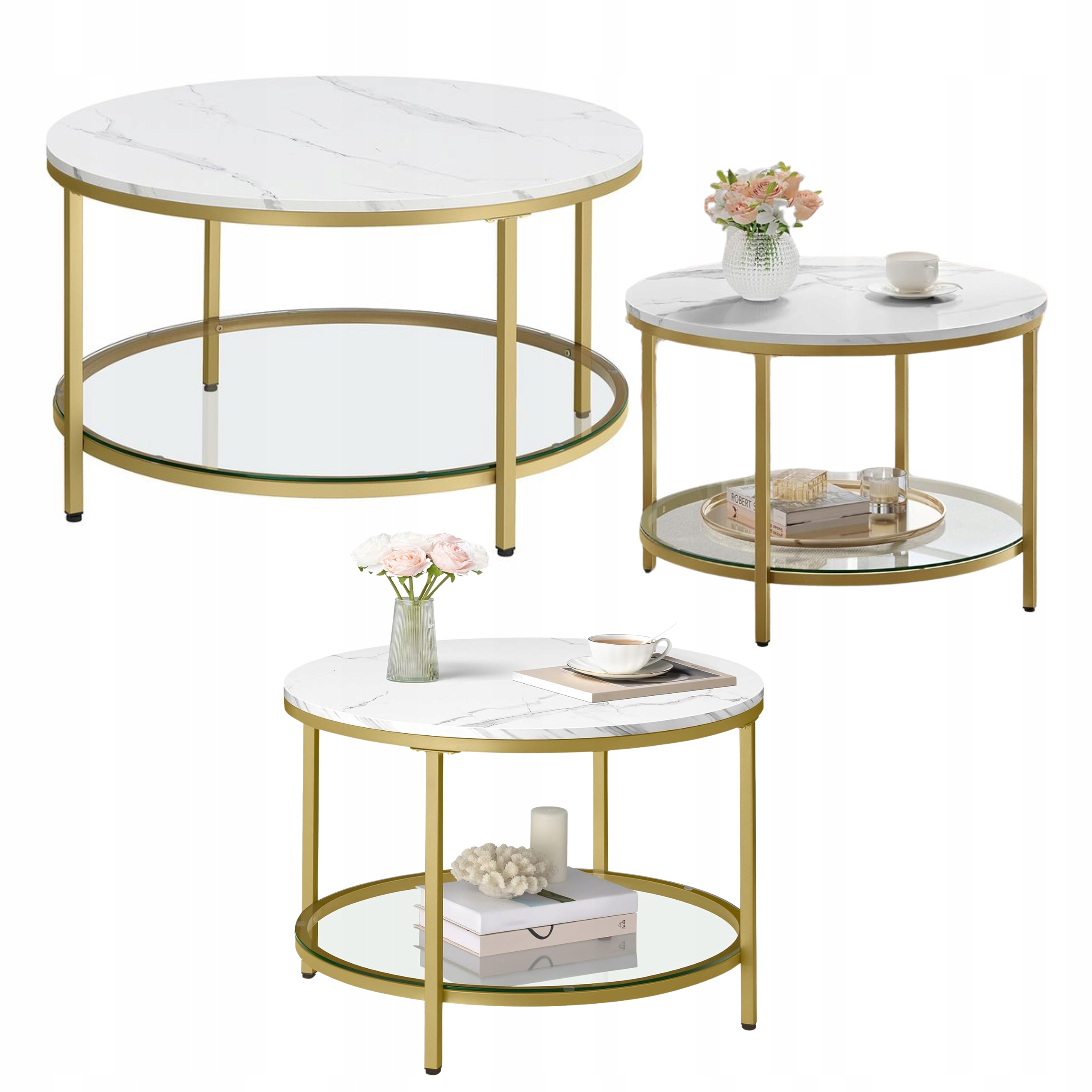 Kávový stolek kulatý Skleněná Deska Malý konferenční stolek do obývacího pokoje Marmur