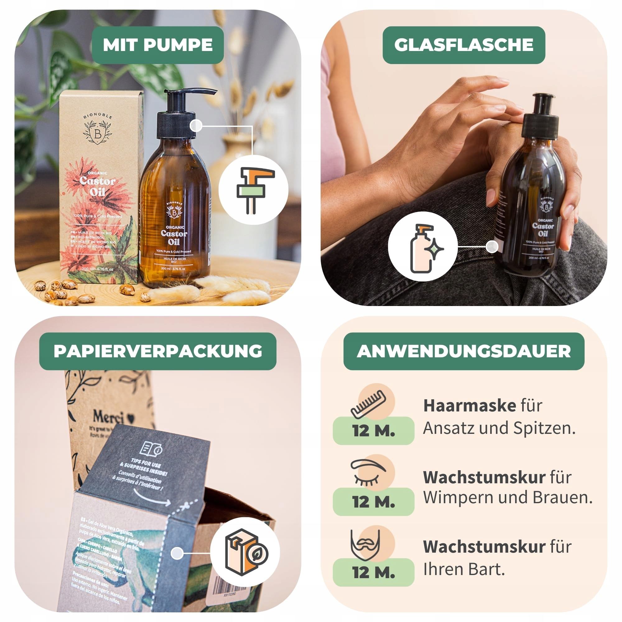 BIONOBLE Olej Rycynowy Bio 500ml Naturalny Do Włosów Rzęs Brwi Paznokci — miniatura 4