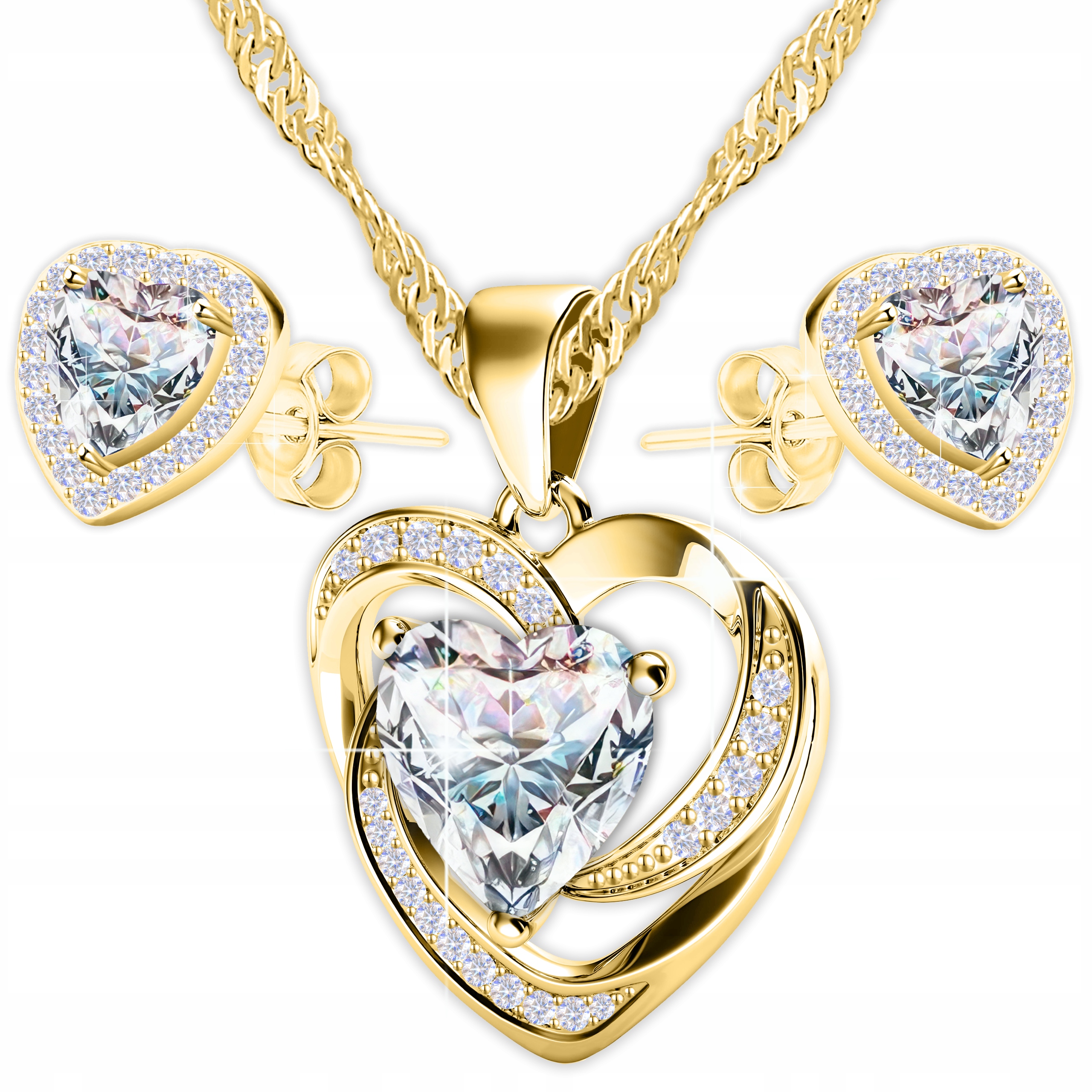 Sada Zlatý náhrdelník a Zlaté Náušnice 925 Velké bílé srdce Pozlacené 585