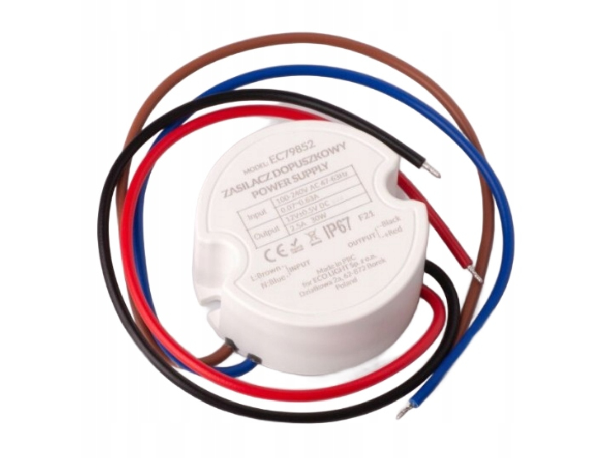 Zasilacz LED 12V DC 2,50A 30W Wodoodporny Dopuszkowy Transformator fi60