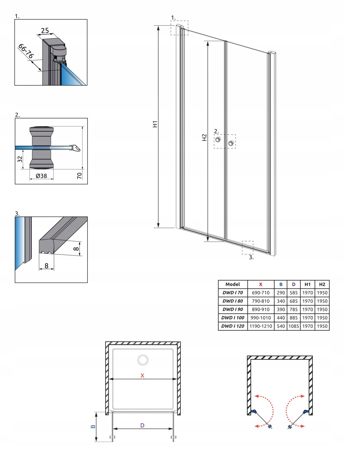 Drzwi prysznicowe szklane prysznic 100 brązowe Typ drzwi podwójne