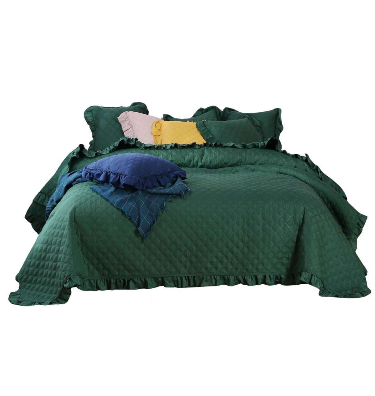 Dekorativní přehoz Ruffy 220x240 prošívaný s volánkem lahvově zelená barva
