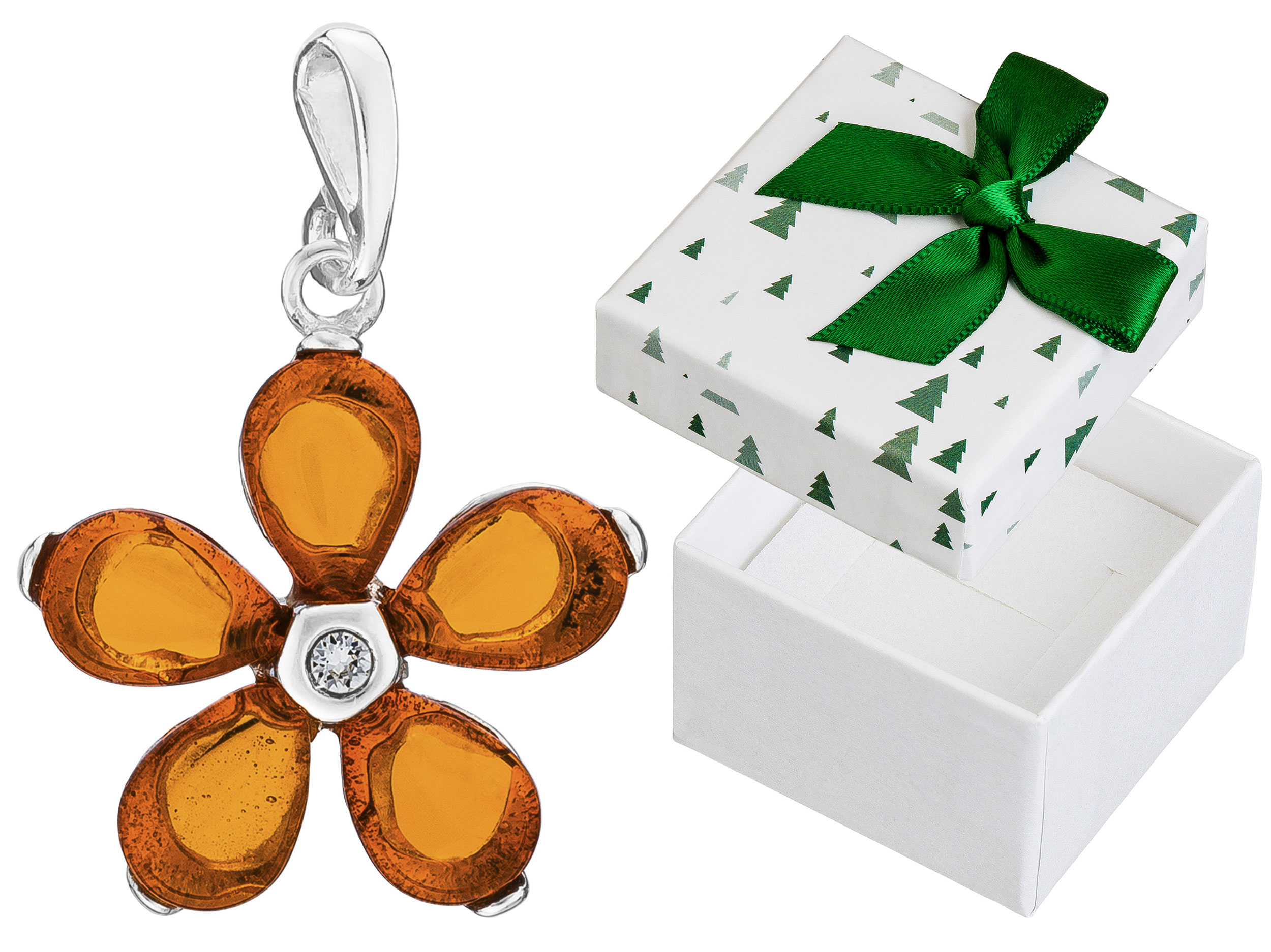 Stříbrný přívěsek Květina s jantarem a zirkonem Dámský Přívěsek Květina 925