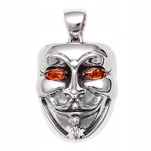 Stříbrný pánský přívěsek Anonymous maska ze Stříbra Ag 925 z baltského Jantaru