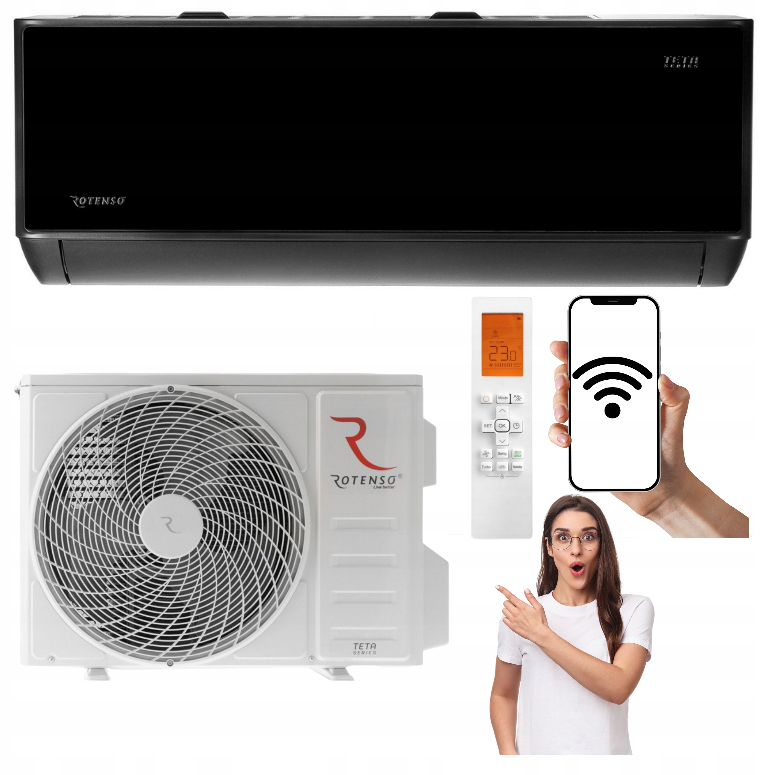 Nástenný klimatizátor Rotenso Teta Mirror Čierny 2,6 kW 30 m2 WiFi Na Vykurovanie