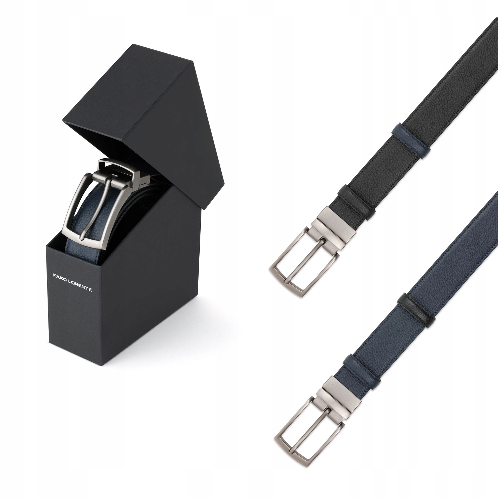 Oboustranný kožený pásek pro muže Tmavě modrý, černý Pako Lorente krabička 90 cm