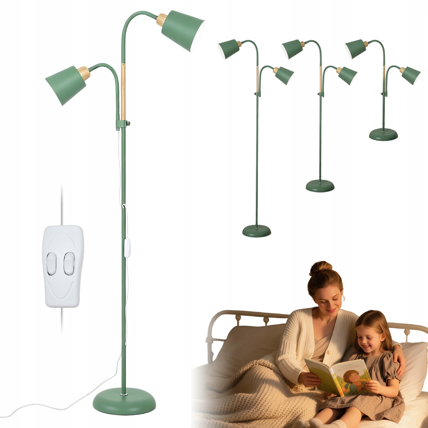 Stojací Podlahová Lampa E27 2 Stínidla Retro Zelená Do Obývacího Pokoje Ložnice