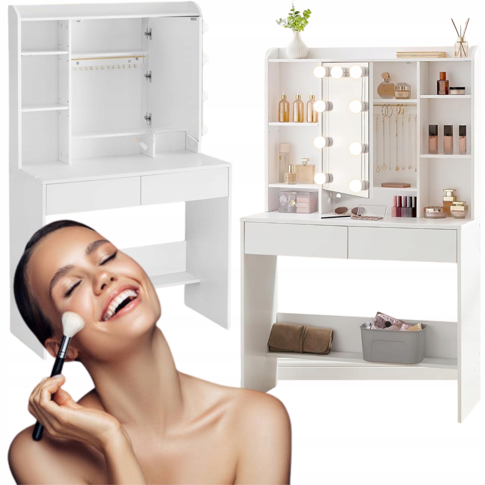Toaletka s kozmetickým zrkadlom na líčenie so žiarovkami, skrinka so zásuvkami