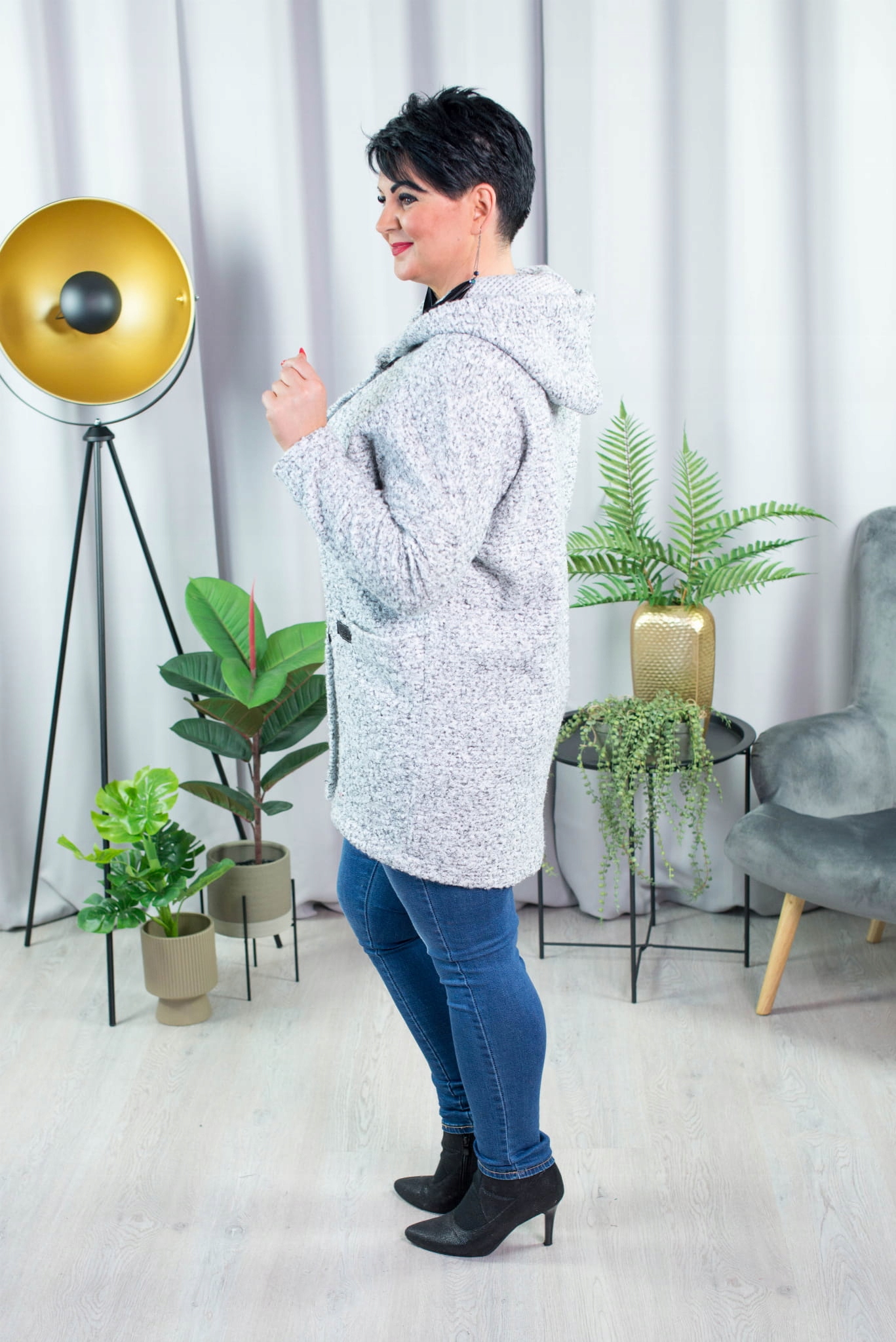 Płaszcz Oversize z Bukli Pieprz Sól Plus Size 4XL Rozmiar 4XL