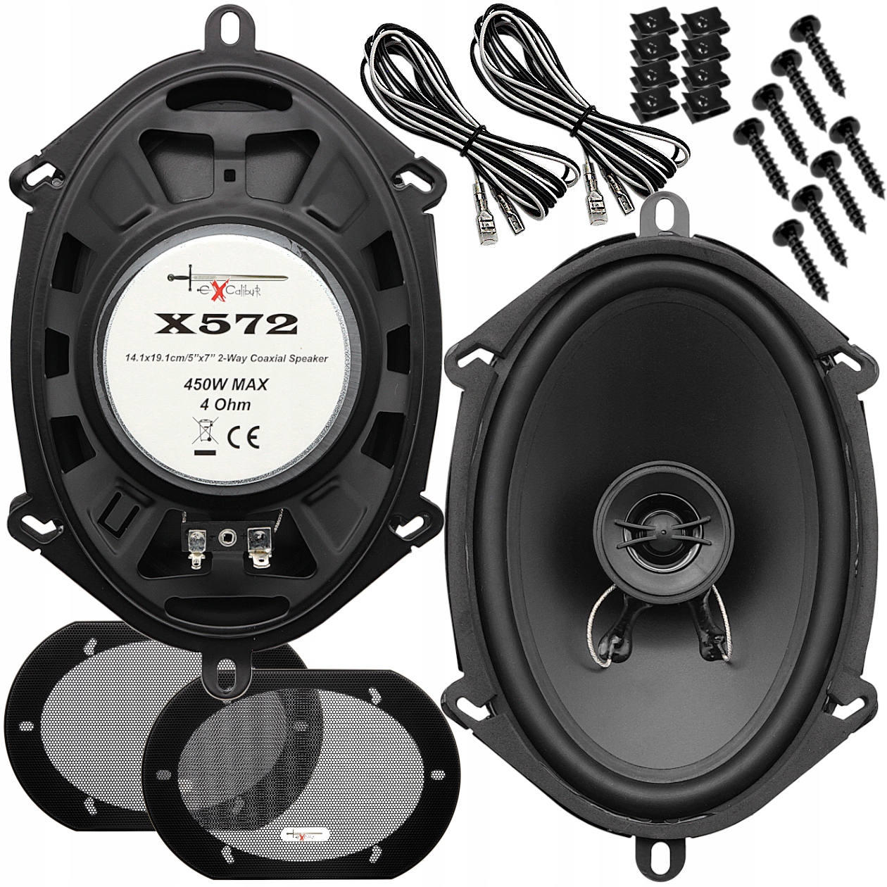 MOCNE GŁOŚNIKI SAMOCHODOWE EXCALIBUR 5x7" 450W ELIPSY OWALNE Z MASKOWNICAMI