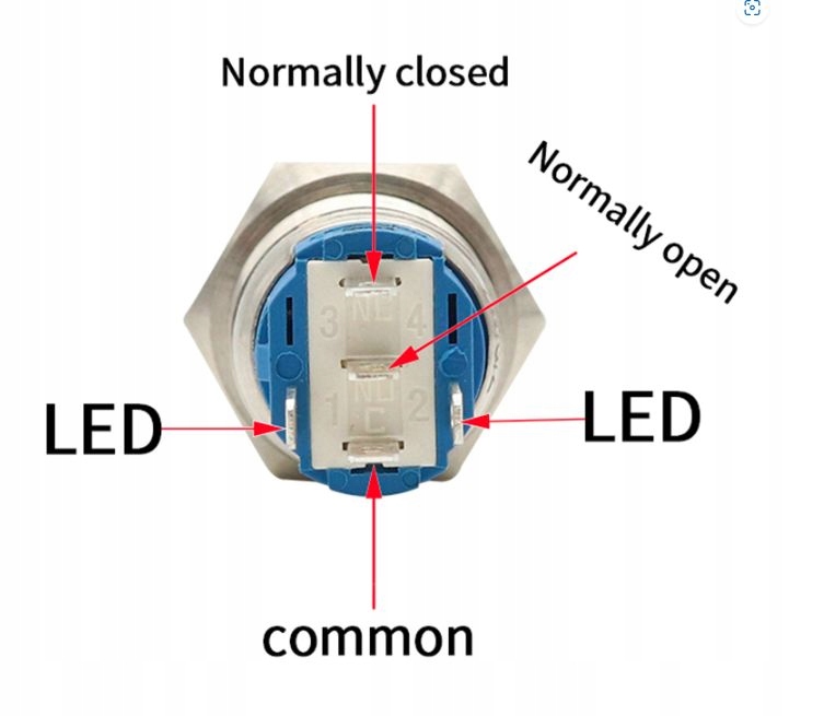 Przycisk przełącznik 16mm Reset z diodą LED 5V mo Symbol 3-6V Ring monostabilny 16mm